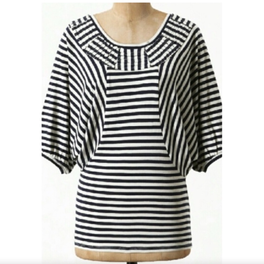 Anthropologie Ett Twa Blue & White Dolman Sleeve Banded Waist Top Sz medium